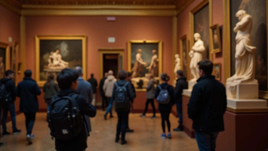 Touristes visitant le musée du Palais des Ducs à Dijon, galerie intérieure illuminée