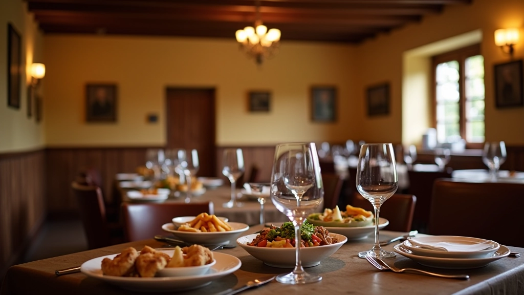 Restaurant traditionnel bourguignon avec table dressée, verres de vin de Bourgogne, décoration rustique